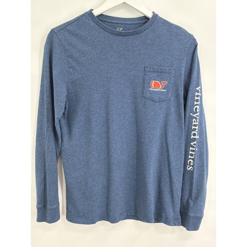 Vineyard Vines Boys Blue Football Whale Long Sleeve‎ Pocket T-Shirt Size L 16